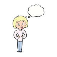 cartoon woman gesturing at self with thought bubble N24