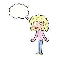 cartoon girl shrugging shoulders with thought bubble N27