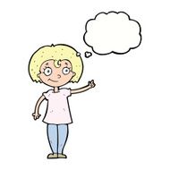 cartoon happy woman pointing with thought bubble N56