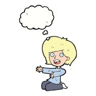 cartoon shocked woman on knees with thought bubble N8