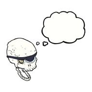 cartoon spooky skull with eye patch thought bubble N9