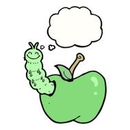 cartoon bug eating apple with thought bubble N17