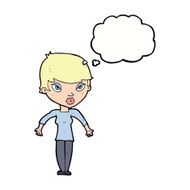 cartoon woman shrugging shoulders with thought bubble N419