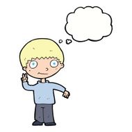 cartoon boy giving peace sign with thought bubble N9