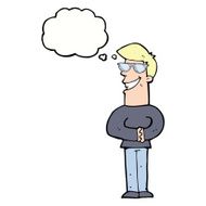cartoon grinning man with glasses thought bubble