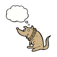 cartoon happy dog in big collar with thought bubble N6