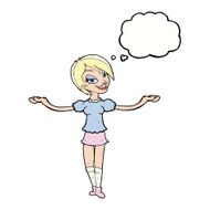 cartoon woman making open arm gesture with thought bubble N9