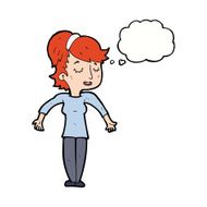 cartoon friendly woman shrugging shoulders with thought bubble N9