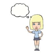 cartoon woman waving with thought bubble N292