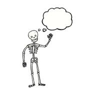 cartoon waving skeleton with thought bubble N9