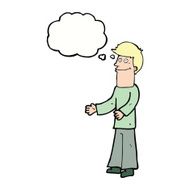 cartoon man shrugging shoulders with thought bubble N30