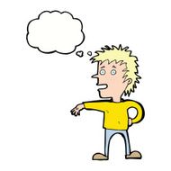 cartoon man making dismissive gesture with thought bubble N17