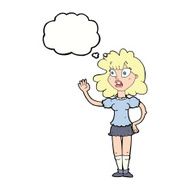 cartoon worried woman waving with thought bubble N16