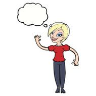 cartoon woman waving with thought bubble N293