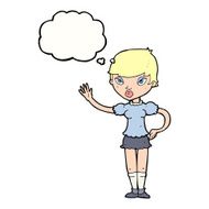cartoon woman waving with thought bubble N295