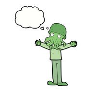 cartoon alien squid face man with thought bubble N9