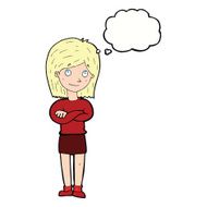 cartoon friendly girl rolling eyes with thought bubble N9