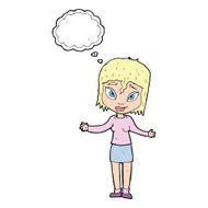 cartoon woman shrugging shoulders with thought bubble N422