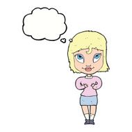 cartoon woman gesturing at self with thought bubble N25