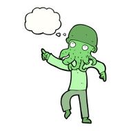 cartoon alien man dancing with thought bubble N8
