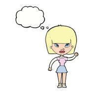 cartoonw woman waving with thought bubble