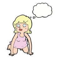 cartoon woman on all fours with thought bubble N18