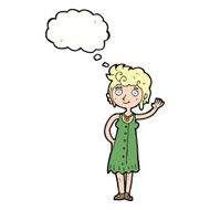 cartoon hippie woman waving with thought bubble N9