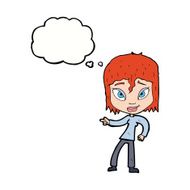 cartoon relaxed woman pointing with thought bubble N9