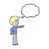 cartoon grinning boy pointing with thought bubble N8