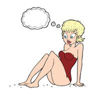 cartoon woman in swimsuit with thought bubble N8