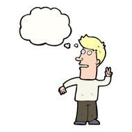 cartoon man making peace sign with thought bubble N8