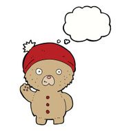 cartoon waving teddy bear in winter hat with thought bubble