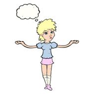 cartoon woman shrugging shoulders with thought bubble N424