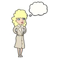 cartoon woman in trench coat with thought bubble N23
