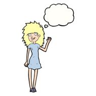 cartoon happy woman waving with thought bubble N8