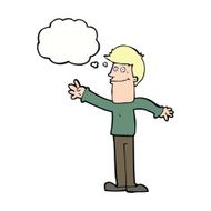 cartoon happy man waving with thought bubble N32