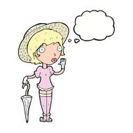 cartoon woman in summer hat waving with thought bubble N9
