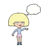 cartoon smug woman making dismissive gesture with thought bubble N9
