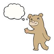 cartoon happy waving bear with thought bubble