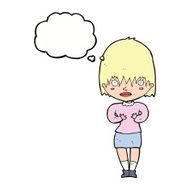 cartoon woman making Who Me? gesture with thought bubble N38