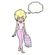 cartoon woman going to bed with thought bubble N7