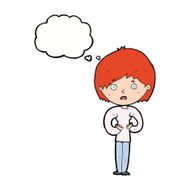 cartoon woman making Who Me? gesture with thought bubble N39