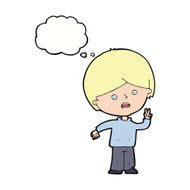 cartoon unhappy boy giving peace sign with thought bubble N9