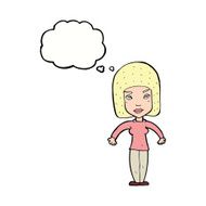 cartoon woman shrugging shoulders with thought bubble N425