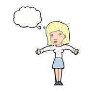 cartoon woman shrugging shoulders with thought bubble N426