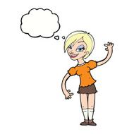 cartoon girl waving with thought bubble N24