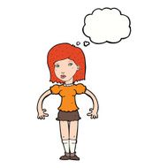 cartoon woman looking sideways with thought bubble N9
