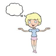 cartoon woman spreading arms with thought bubble N9