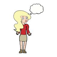 cartoon woman shrugging shoulders with thought bubble N427