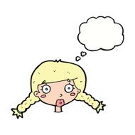 cartoon confused female face with thought bubble N9
